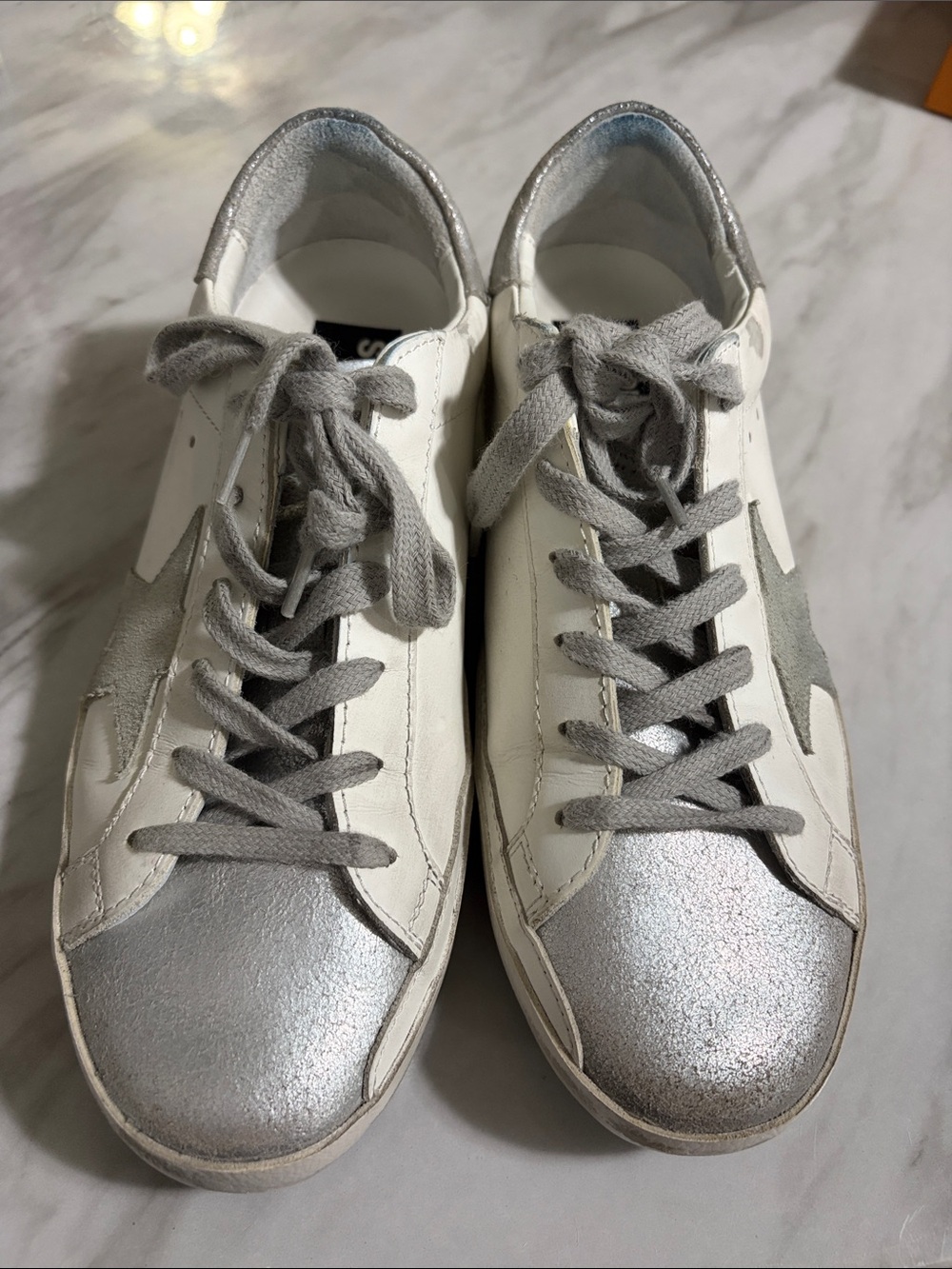 Golden Goose Silver Toe White Low-Top Sneakers with Gray Accents